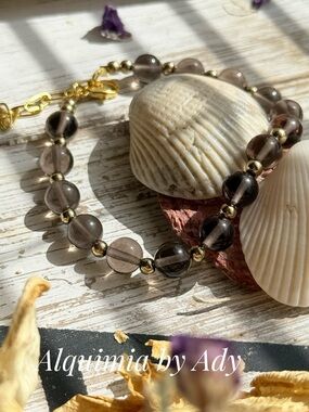LUXURY + Summer + Smokey Quartz and gold  beaded bracelet